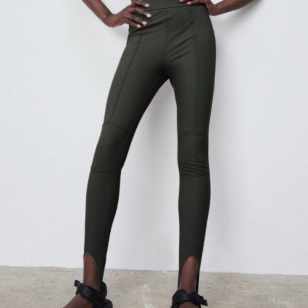 NWT Zara Topstitched Hi-Rise Stirrup Legging Elastic Waist Stretch Green Size L